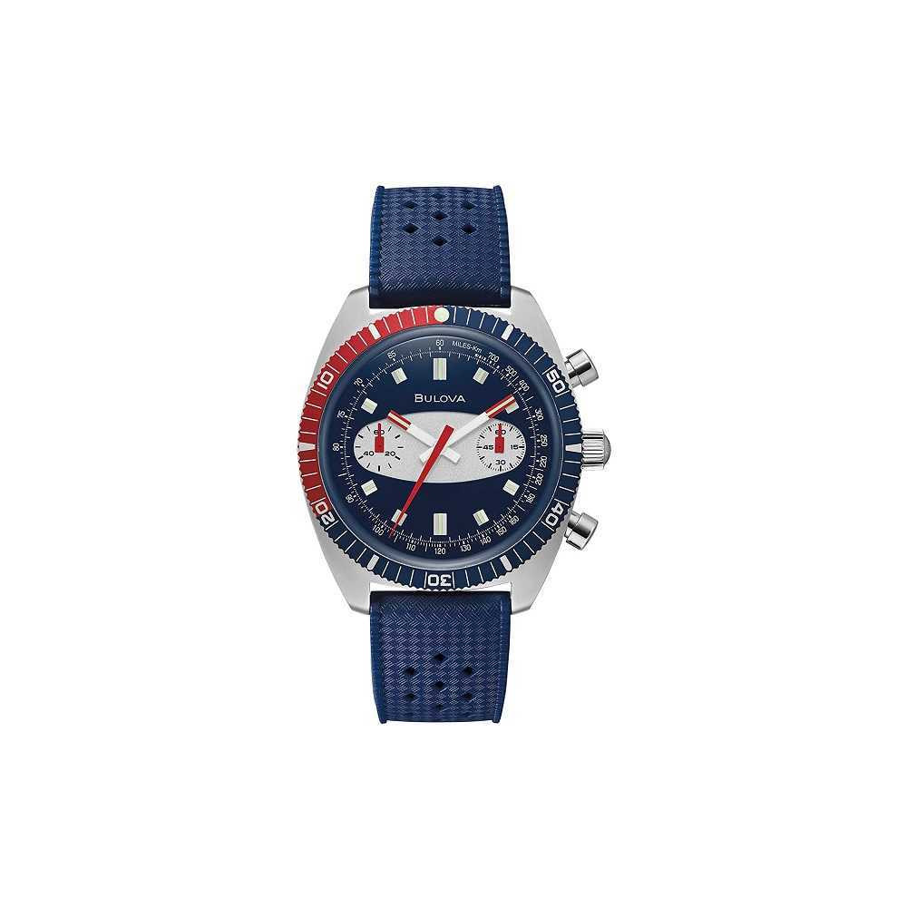 Bulova Surfboard 98A253 Cronografo da uomo in acciaio Movimento Al quarzo Diametro cassa 44 mm Cassa in acciaio argentato Spessore 14 mm Quadrante color Blu Bracciale In silicone blu