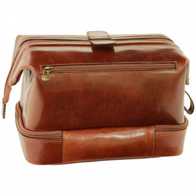 Beauty case in pelle vitello primo fiore marrone con zip - Italianfashionglam