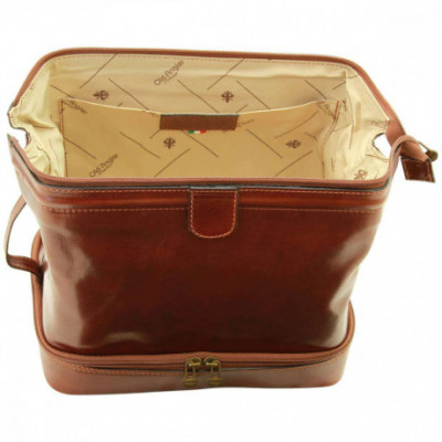 Beauty case in pelle vitello primo fiore marrone con zip - Italianfashionglam