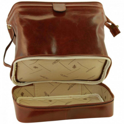 Beauty case in pelle vitello primo fiore marrone con zip - Italianfashionglam