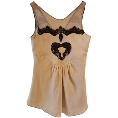 Twin Set - Top in poliestere di colore beige con pizzo nero - Italianfashionglam